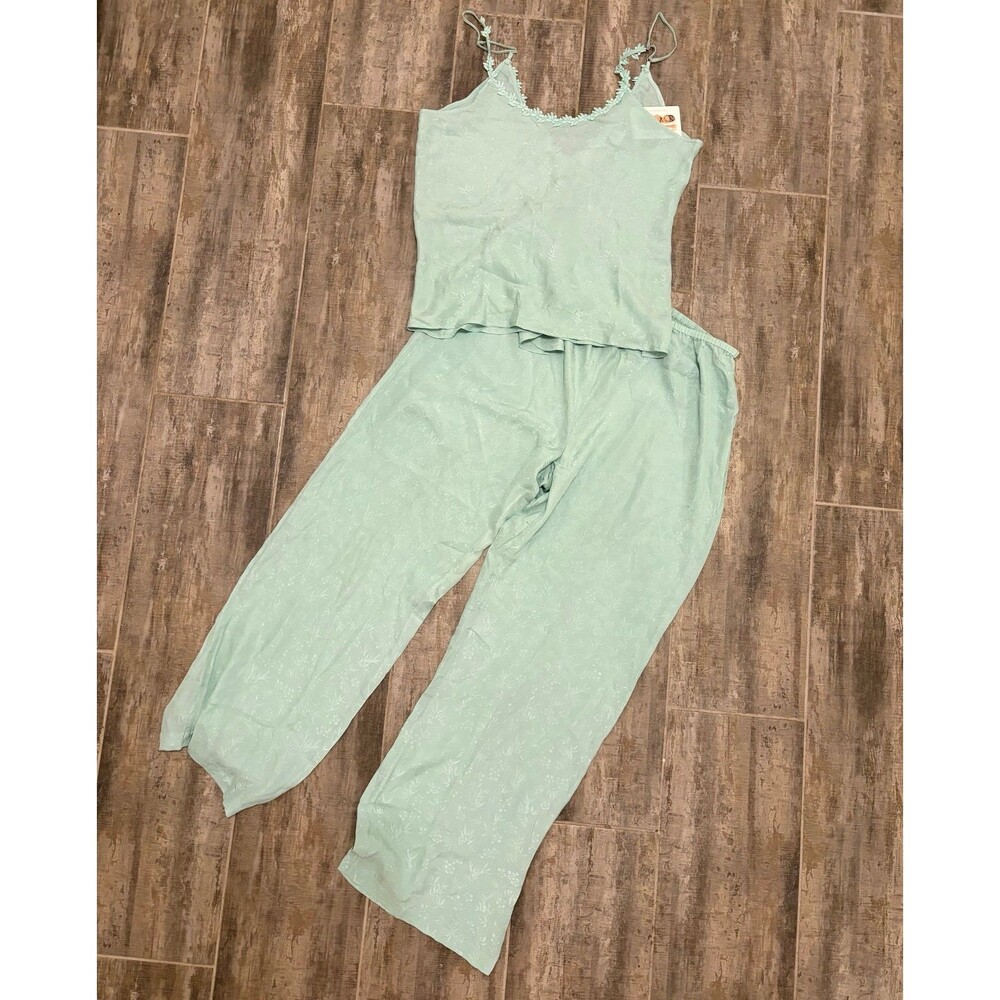 NWT Soft Surroundings 100% Silk Pajama PJ Set XL Mint Green Jacquard Cami Y2K